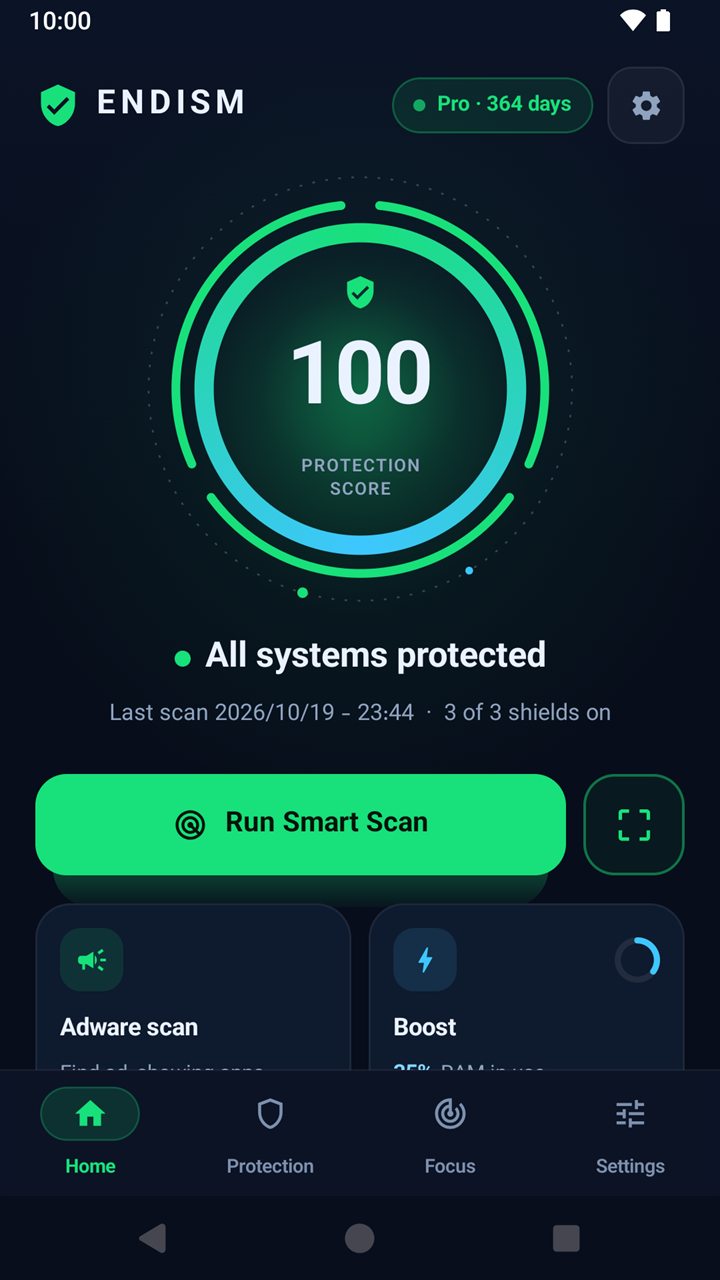 ENDISM 主屏幕：防护评分 100，所有系统均受保护